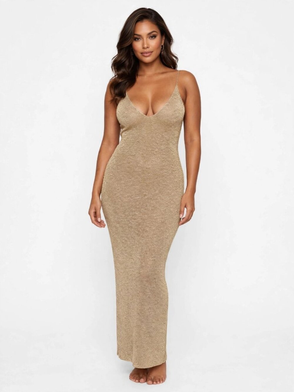Beach Bunny Swimwear Gold Shimmer Knit Maxi Dress M — Plunge V-Neck